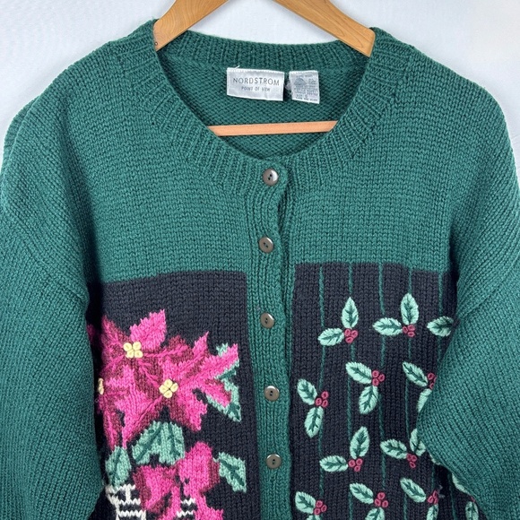 Vtg NORDSTROM Point Of View 100% Wool Embroidery Cardigan Sweater Sz S Holidays - Picture 3 of 12